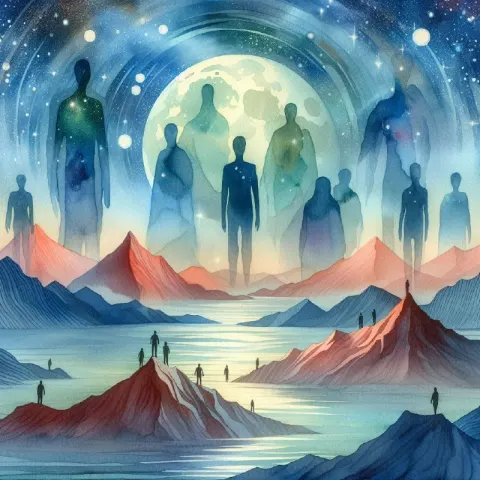 Giant Silhouettes Above Mountains Surreal Watercolor