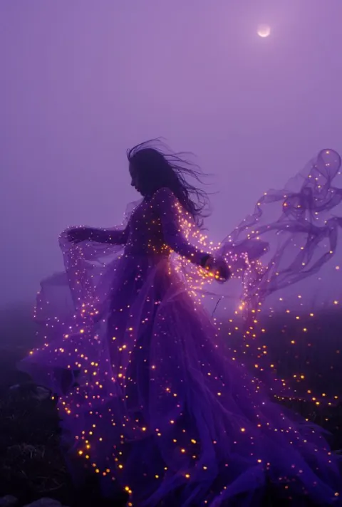 Woman in Violet Star Dress Dancing in Rose Foggy Dark