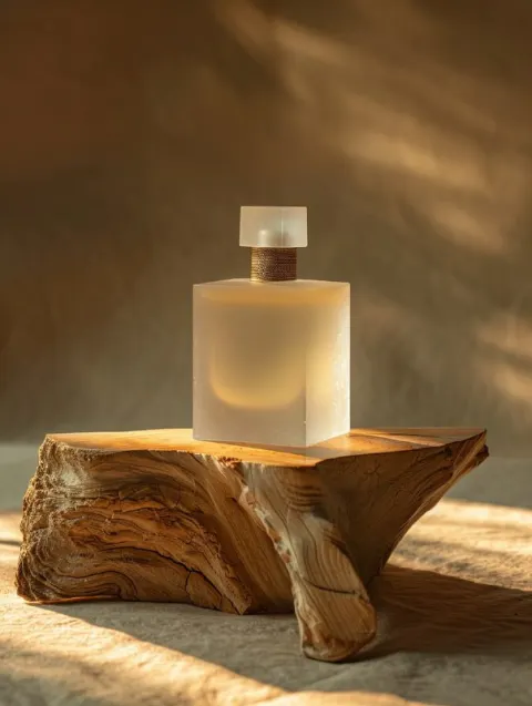 Frosted Glass Perfume Bottle on Oak Base Product Photo