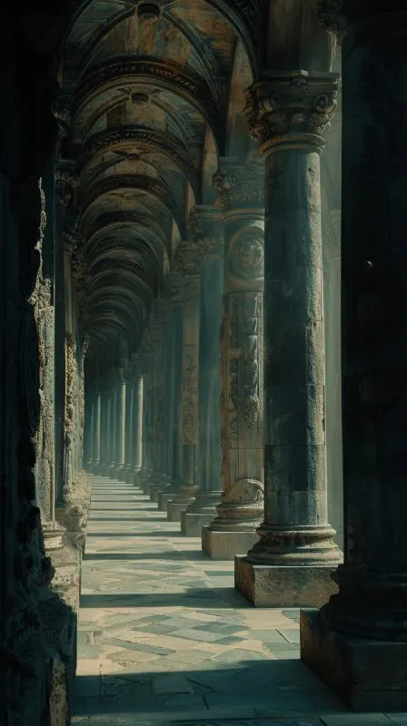 Old Cathedral Hallway With Carved Faces Matte Painting