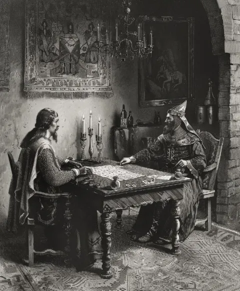 Medieval Card Players Engraving in Black and White