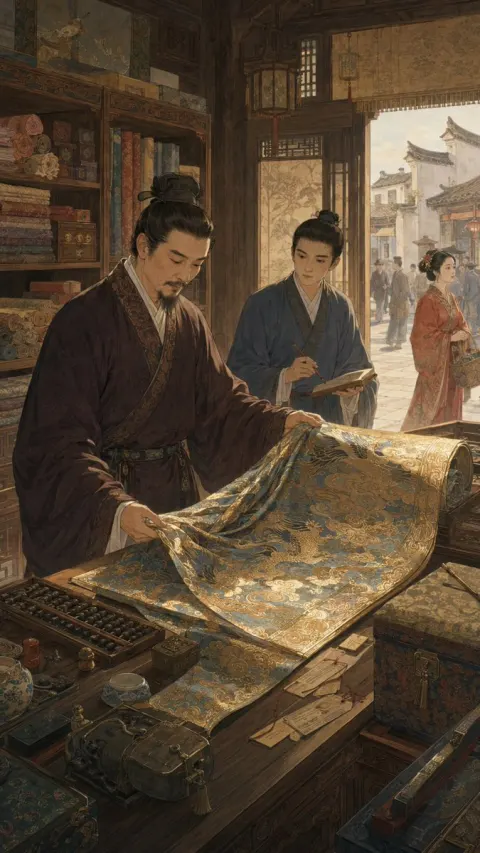 Vintage Chinese Silk Shop Illustration