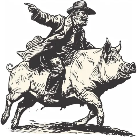 Vintage Illustration of Man Riding a Running Pig