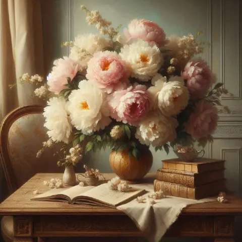 Dark Moody Peony Bouquet on Wooden Table Antique Style
