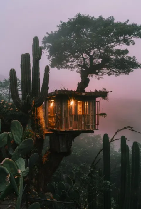 Treehouse With Gold Stars at Sunrise Among Cacti