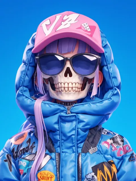 NFT Skull Girl in Puffy Sticker Jacket 3D Portrait