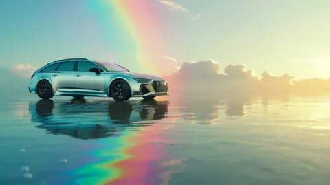 Silver Audi RS6 on Island With Rainbow Light 3D Render