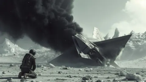 Crashed Stealth Spaceship Behind Kneeling Bounty Hunter