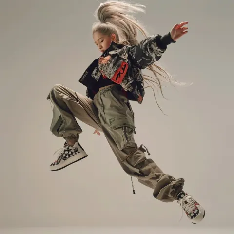 Hip-Hop Girl Jumping in Cargo Pants and Japanese Jacket