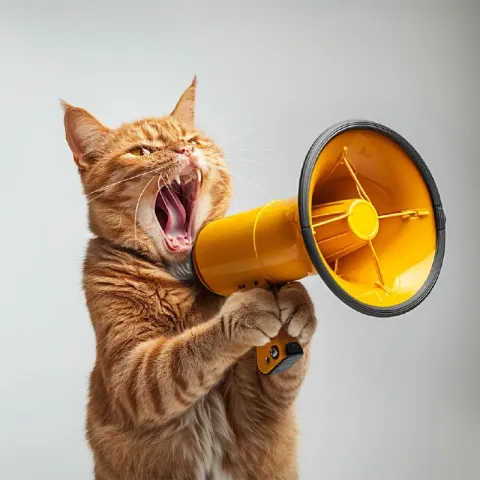 Funny Red Cat Screaming Into Yellow Loudspeaker
