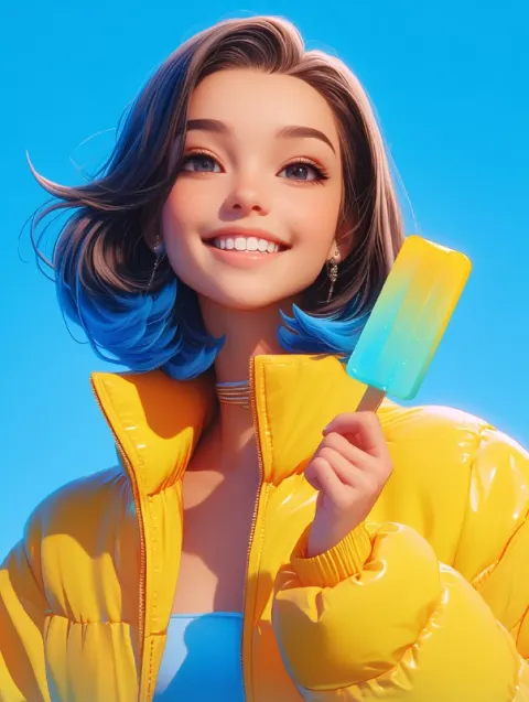 3D NFT Woman With Popsicle in Puffy Jacket Portrait
