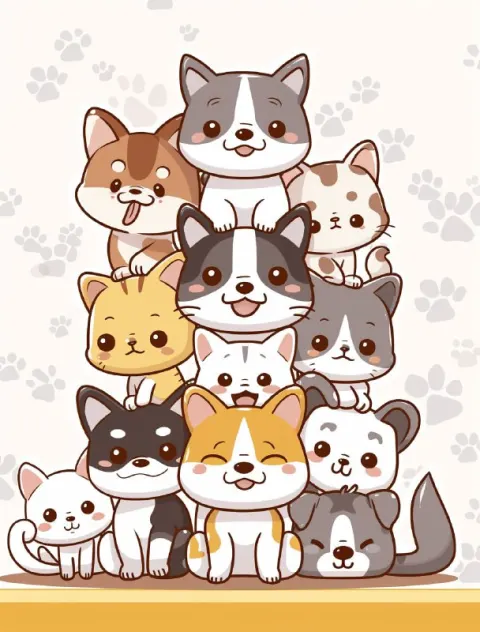 Kawaii Cats and Dogs Stacked Vector Illustration