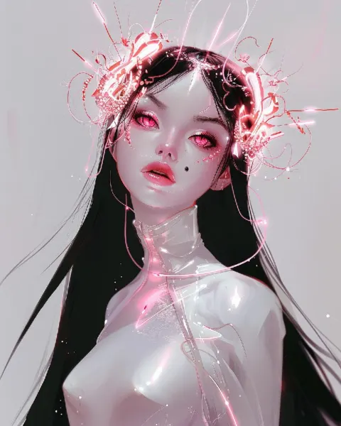 Cyber Goddess With Neon Pink Eyes and Rose Gold Crown