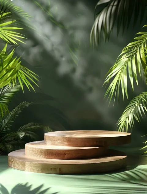 Wooden Podium With Palm Leaves on Green Backdrop
