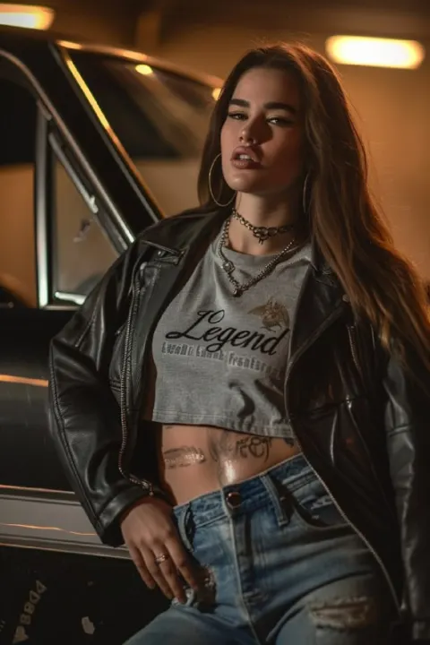 American Woman in Leather Jacket With Legend Shirt