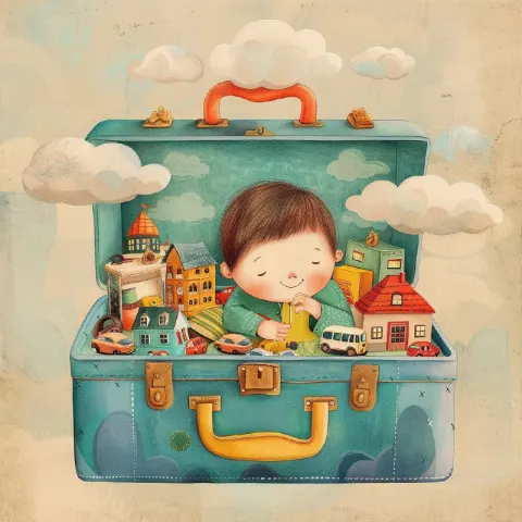 Kids Sitting in Open Suitcase Full of Toys and Clouds