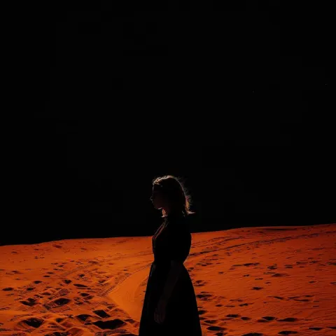 Minimalist Woman Silhouette in Orange Desert at Night