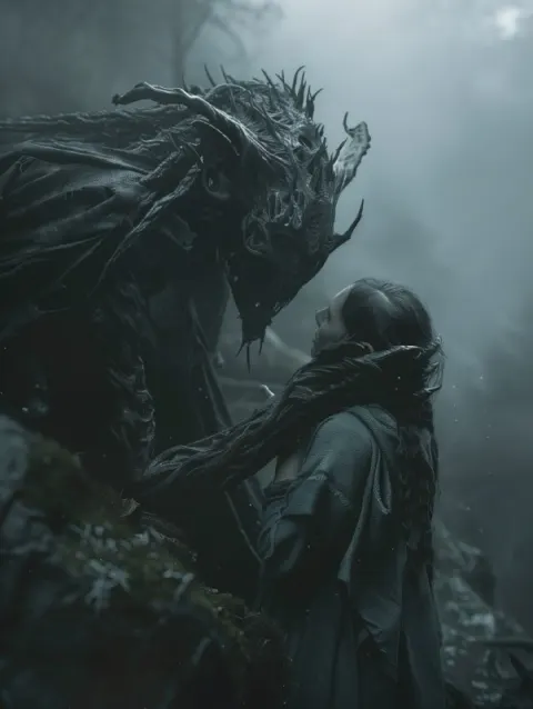 Nazgul Confronting She Elf in Dark Cinematic Scene