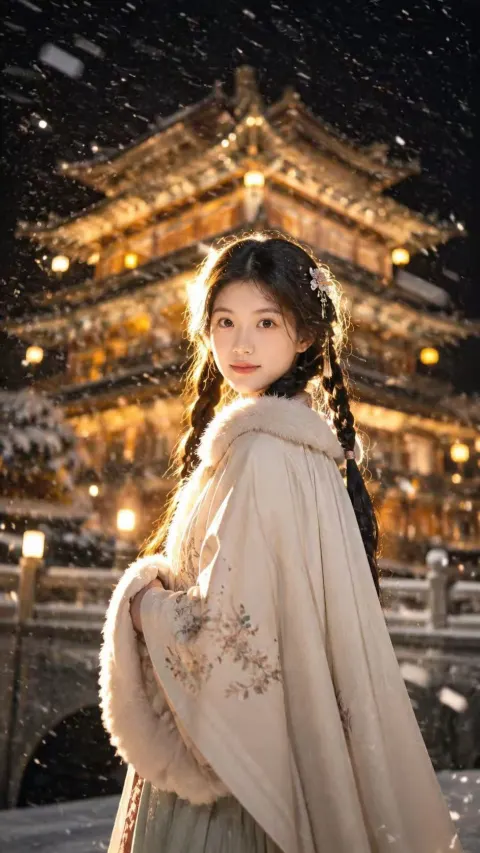 Elegant Portrait in Snowy Temple Night