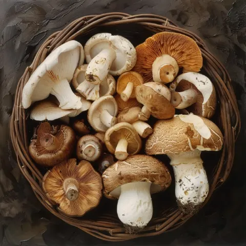 Mixed Mushrooms and Porcini in Basket From Above