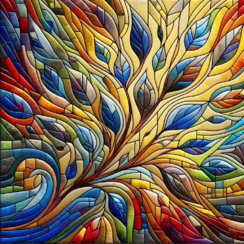 Colorful Leafy Branch Abstract 3D Stained Glass Art