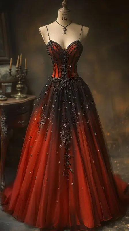 Red Tulle Prom Gown With Rhinestones on Dress Form