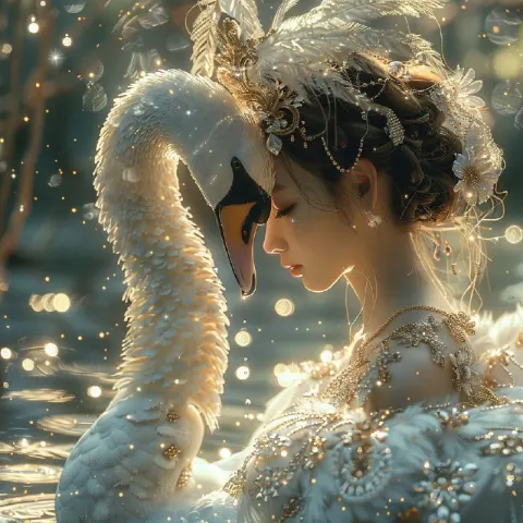 Elegant Dancer and Swan Sketched in Starlight Fantasy