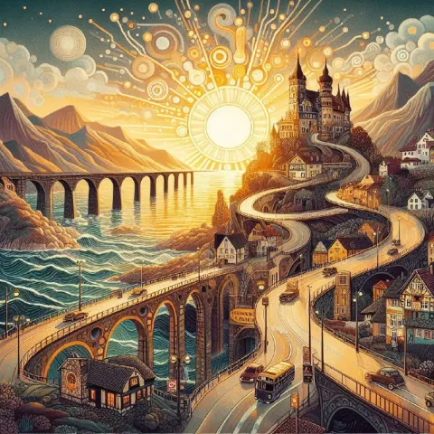 Klimt Style Wallpaper With Bridge Castle and Lighthouse