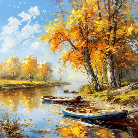 Autumn Trees and River Boats Optical Illusion Painting