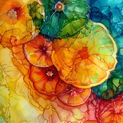 Bright Citrus Fruit in Vivid Alcohol Ink Style
