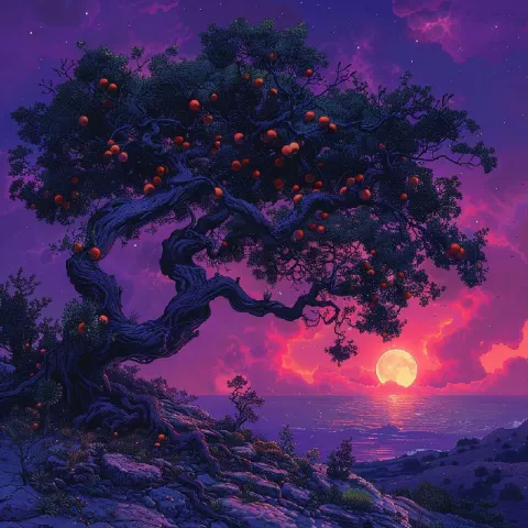 Purple Pencil Sketch of Fruit Tree With Glowing Colors