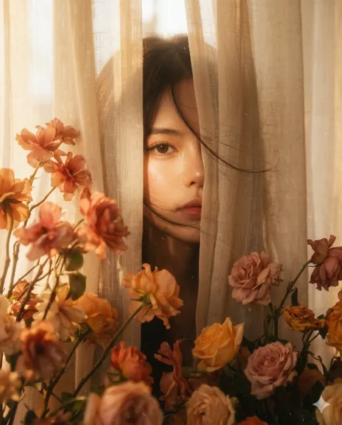 Forgotten Afternoon Behind Curtains and Flowers