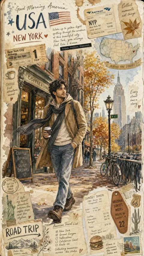Dreamy American Travel Diary Illustration