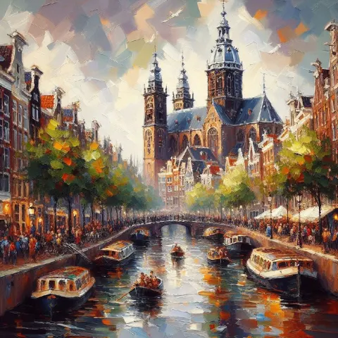 Expressive Oil Painting of Amsterdam Canals in Summer