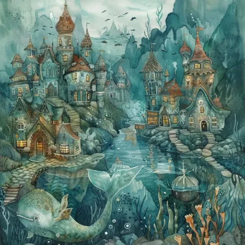 Arctic Mermaid Village Pop Surrealism Watercolor Scene