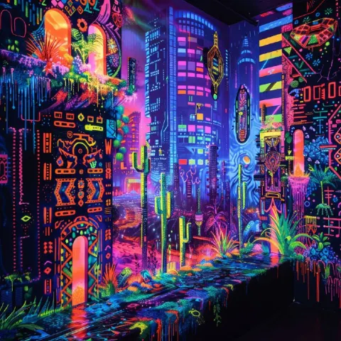 Neon Urban Tribal Digitalism City Mural With Digital Motifs
