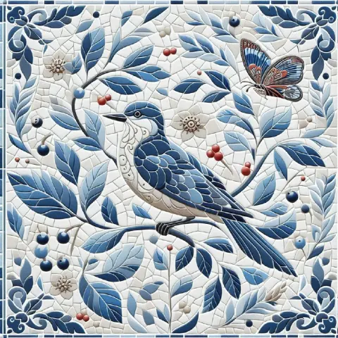 Blue and White Mosaic Pattern With Bird and Butterfly