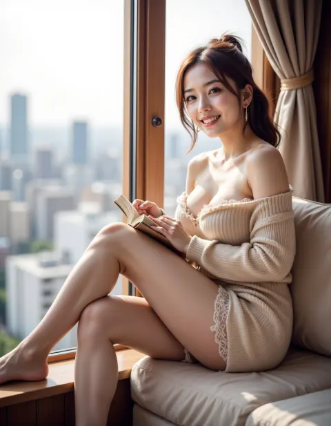 Elegant Woman Reading by Window at Sunset