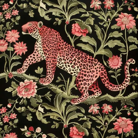 Pink Leopards and Flowers William Morris Style on Black
