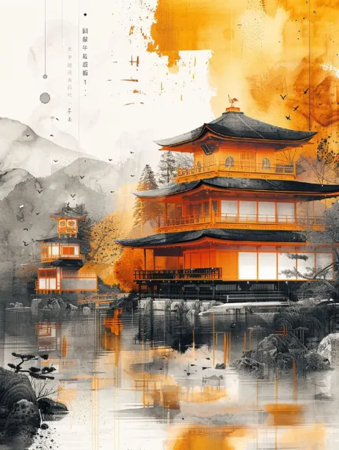 Minimalist Surreal Jiangnan Architecture Ink Illustration