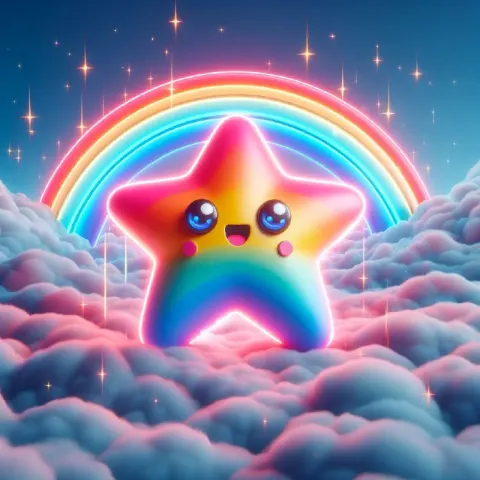Glowing Kawaii Rainbow Star Character Above Clouds