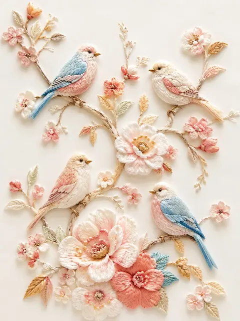 Embroidery Birds Floral Relief