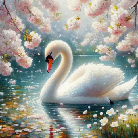 White Swan Among Cherry Blossoms Dreamy Oil Painting