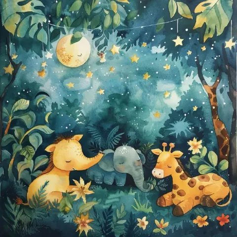 Sleeping Jungle Animals Under Starry Sky Watercolor