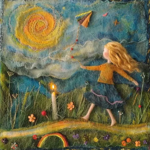 Blond Girl Dancing With Kite and Rainbow Felted Art