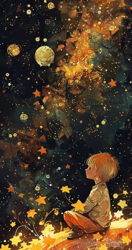 Whimsical Anime Starry Night Wallpaper in Gold and Orange