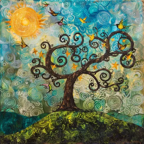 Whimsical Tree With Hummingbirds in Van Gogh Style