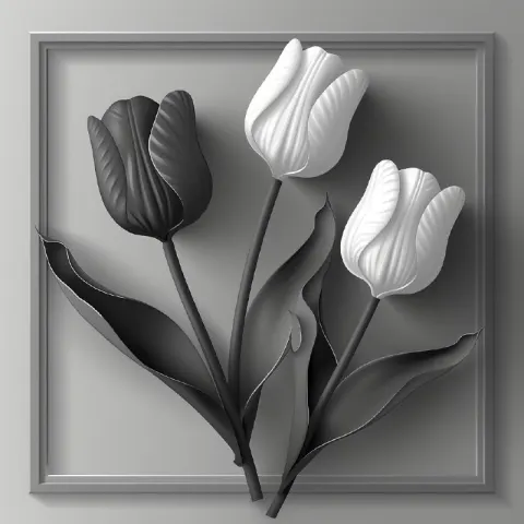 Black and White 3D Tulips Minimalist Vector Wall Art