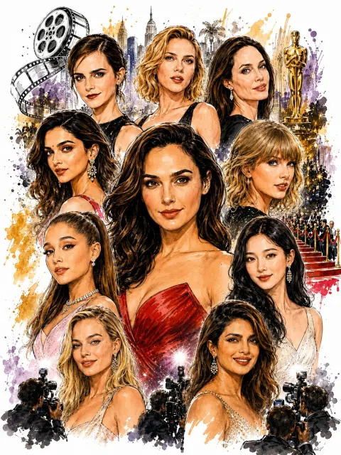 Hollywood Celebrities Watercolor Red Carpet