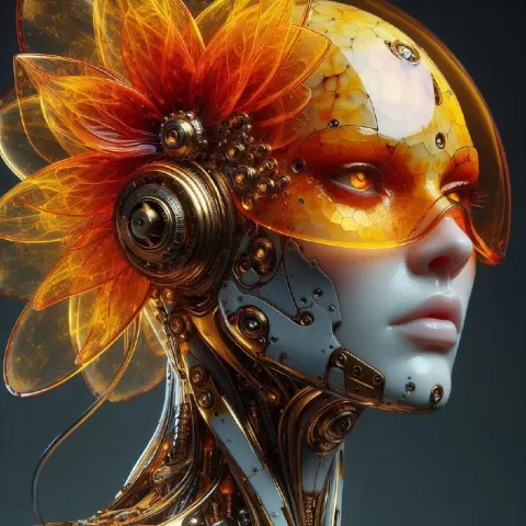 Female Cyborg in Murano Glass Floral Helmet Portrait
